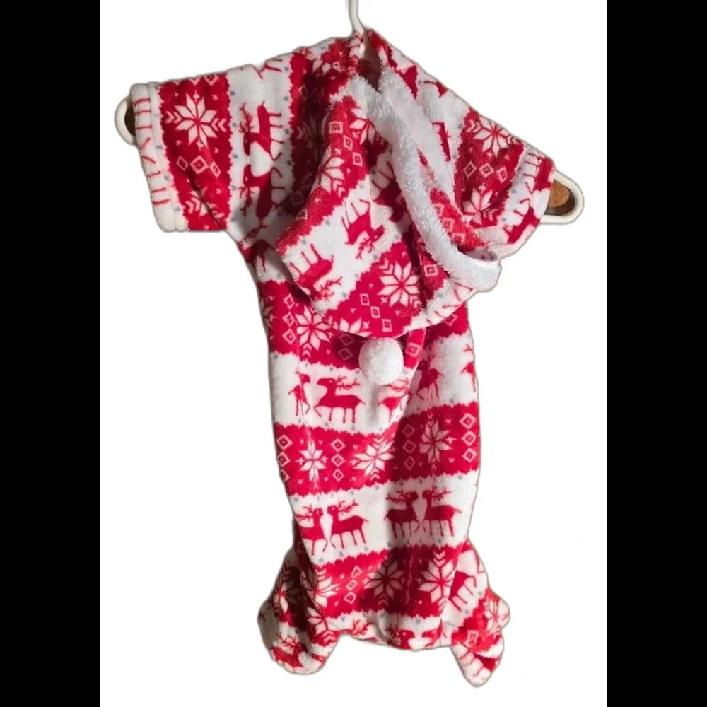 vid 71 Red & White Reindeer Christmas Dog Pajamas fits a medium size dog